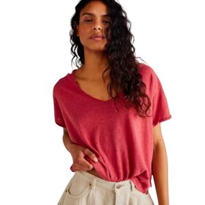 NWT FREE PEOPLE Linen Blend Slub Tee NWT in Red Clover sz XS Over U Tee